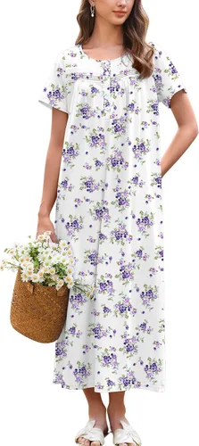 Vista 15 de Ekouaer Camisón para Mujeres de Algodón Camisón Largo de Noche Camisón de Manga Corta con Bolsillos Camisón con Botones Ropa de Dormir Suave