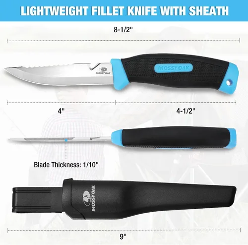 Vista 2 de Mossy Oak Cuchillo de pesca y cebo, filete de pescado de 4 pulgadas con funda protectora, hoja de acero inoxidable 5Cr15MoV afilada, mango