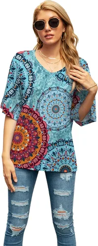 Vista 5 de SUEANI - Camiseta de cuello en V para mujer, diseño holgado con manga 34 acampanada