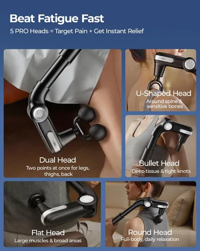 Vista 7 de KingPavonini Pistola de masaje plegable con cabeza de doble bola, cabeza ajustable y mango extensible, pistola de masaje de espalda de mano
