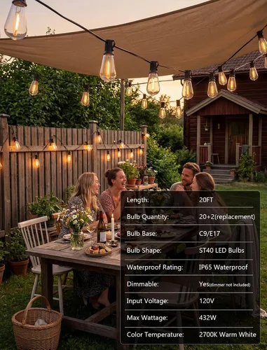 Vista 5 de Tira de luces LED ST40 de 20 pies para exteriores con 22 bombillas Edison vintage inastillables, tira de luces para patio, impermeable, para patio