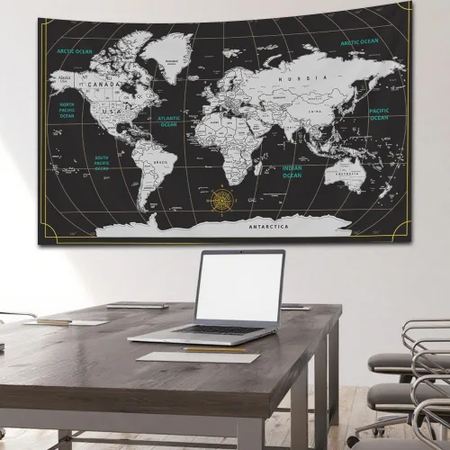 Vista 6 de CAPSCEOLL Tapiz de mapa del mundo para colgar en la pared, tapiz blanco y negro para decoración del hogar, 40 x 30 pulgadas, mapa para habitación