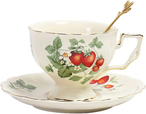 Vista 9 de Juego de taza de té y platillo de porcelana, taza de café de cerámica de 8.5 onzas líquidas con platillo y cuchara, taza de café vintage con ribete
