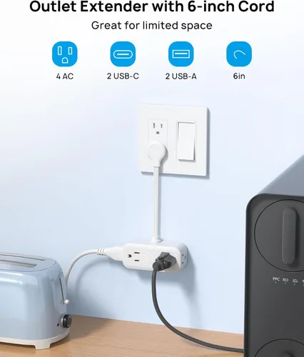 Vista 3 de TROND Extensor de toma con cable de 6 pulgadas, adaptador de enchufe plano con 4 tomas eléctricas y 4 puertos USB, para montaje en pared, toma