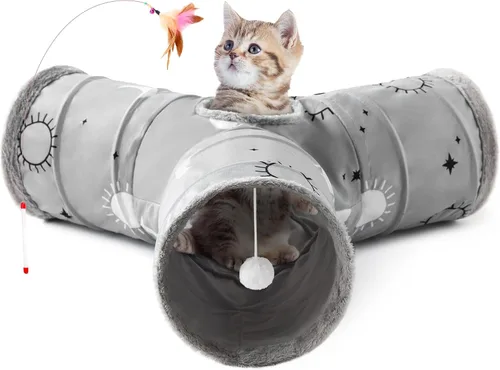 Vista 9 de Tempcore Túnel para gatos con tubo de juguete, túneles plegables de 3 vías para gatos, túneles para mascotas aburridas con agujero y pelota, juguete