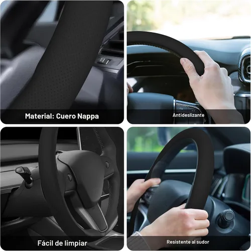 Vista 6 de frani Funda para volante de cuero Nappa, funda universal para volante de 15 pulgadas de primera calidad, antideslizante, color negro