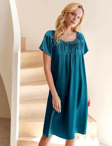 Vista 4 de Ekouaer Camisón plisado de seda satinada para mujer, ropa de dormir suelta, camisón estampado de manga corta