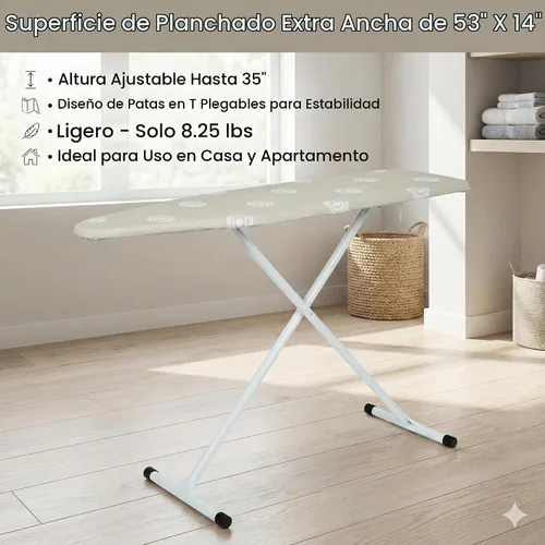 Vista 4 de Tabla de planchar beige con patas en T con funda de algodón, tabla de planchar plegable de 53 x 14 pulgadas, altura ajustable, uso doméstico