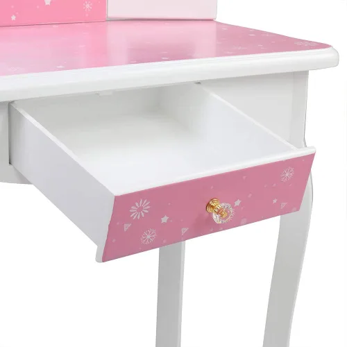 Vista 7 de Juego de tocador con espejo y taburete para niñas, tocador de maquillaje con cajón, mesa de tocador de princesa para niñas