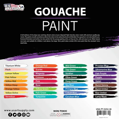 Vista 3 de U.S. Art Supply Juego profesional de pintura gouache de 36 colores en tubos grandes de 18ml y rueda de mezcla de colores - Tubos de pintura gouache