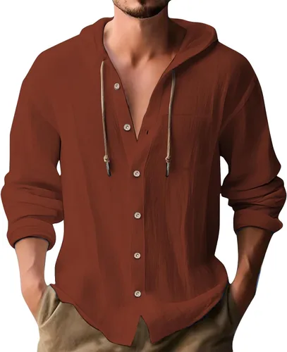 Vista 32 de Camisas de lino para hombre, casual, con botones, de verano, algodón, lino, con capucha, para playa, manga larga, con capucha