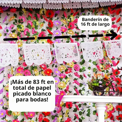 Vista 3 de Guirnaldas de boda de papel picado, decoraciones de boda mexicanas, banderas de papel picado blanco para bodas, despedidas de soltera, pancartas