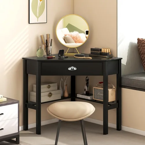 Vista 5 de Nightcore - Escritorio esquinero para espacio pequeño, escritorio de esquina de madera, mesa de escritura compacta con cajón y estantes