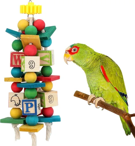 Vista 8 de Rypet Juguete grande de la jaula del loro, juguete de la mordedura de la cuerda de madera para los conures de las cac Bloques de madera natural