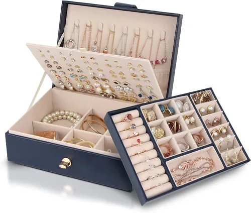 Vista 3 de YONZONE Joyero para mujeres y niñas, organizador de joyas grande para anillos, aretes, collares, pulseras, estuche organizador de joyería de piel