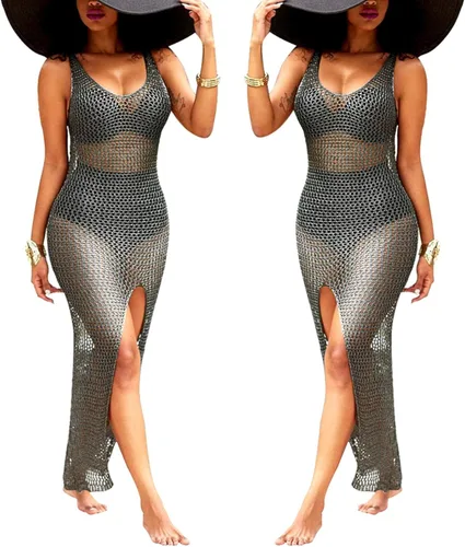 Vista 7 de SeNight Vestido largo de baño sexy sin mangas para mujer con diseño de crochet transparente, para playa