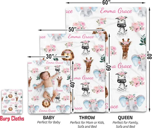 Vista 9 de Kingdora Manta de bebé personalizada con animales – Zoológico, selva, bosque y temática floral – Personalizada, Niñas