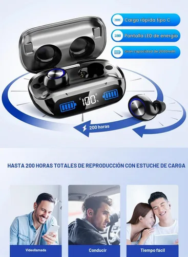 Vista 5 de Auriculares Bluetooth inalámbricos de reproducción de 200 horas, IPX7 impermeables, con cancelación de ruido, pantalla LED de alimentación