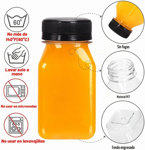Vista 3 de Moretoes 36 botellas de jugo de 4 onzas, botellas pequeñas de plástico con tapas, recipientes transparentes reutilizables con tapas para jugos