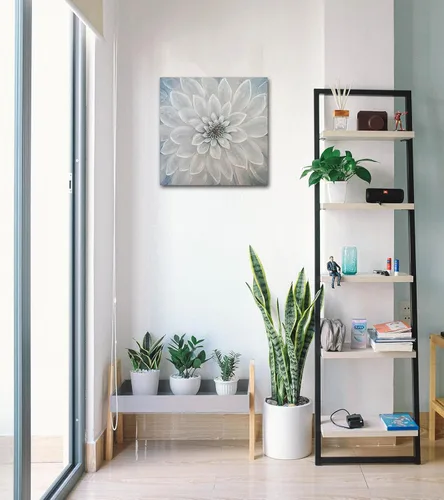 Vista 7 de Waowumar Lienzo decorativo de flores para pared, diseño de dalia azul y gris, pintura contemporánea con textura floral para decoración