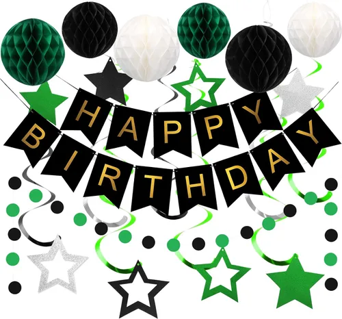 Vista 20 de meowtastic - Decoraciones de cumpleaños, pancarta de feliz cumpleaños con bolas de panal de abeja, serpentinas colgantes de estrellas, guirnalda