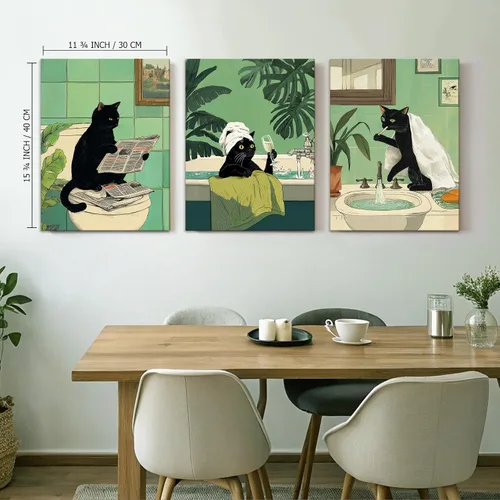 Vista 9 de Arte de Pared de Lienzo de Gato Negro Divertido para Baño, Lindo Estampado de Animales para Cuarto de Baño Inodoro Leyendo Periódico Humor