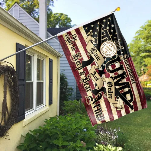 Vista 2 de Bandera de Trump de 3 x 5 para exteriores, bandera de 2ª enmienda, poliéster 150D, bandera estadounidense de armas de la segunda enmienda con ojales