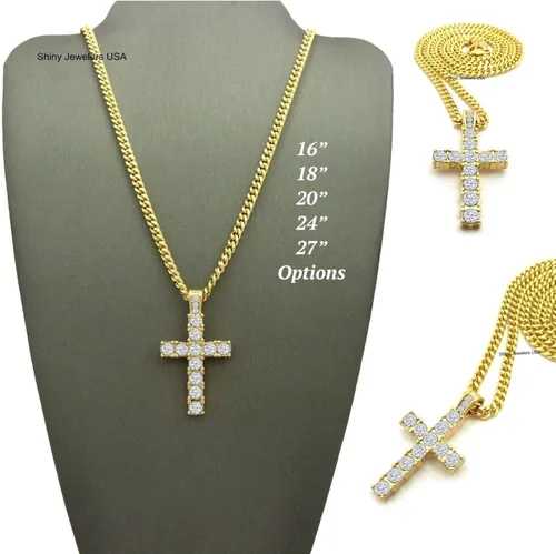 Vista 2 de Collar de cadena cubana con colgante de micro cruz de oro egipcio para hombre