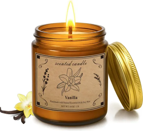 Vista 7 de Velas perfumadas, vela de cera de soja de tarro grande de 16 oz – Ámbar y sándalo con mezcla premium de cera vegetal para una combustión constante