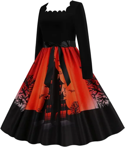 Vista 4 de Disfraz de gato para mujer para niñas, estampado de moda, manga larga, cuello cuadrado, casual, dobladillo de Halloween