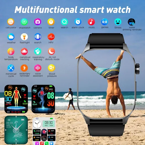 Vista 3 de Reloj inteligente para hombres y mujeres, pantalla AMOLED a color de 2.04 pulgadas, frecuencia cardíaca 24/7, oxígeno en sangre, presión arterial