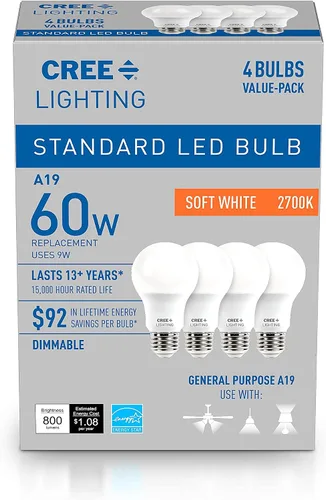 Vista 2 de Cree Lighting Bombilla LED A19 de la serie básica, bombilla LED regulable de 2700 K, 60 W + 800 lúmenes, blanco suave, paquete de 4