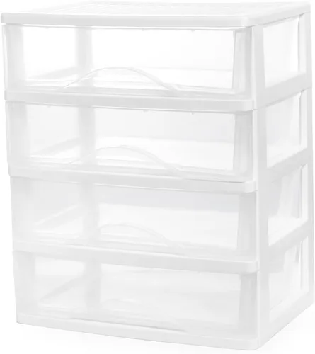 Vista 7 de BYCY Almacenamiento apilable de plástico con 3 cajones, organizador de maquillaje de baño blanco con cajones anchos transparentes, organizador