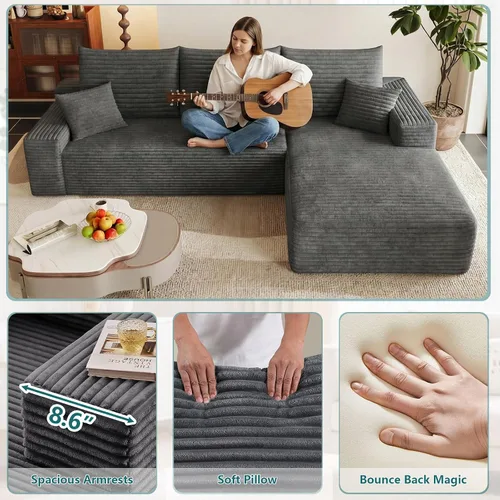 Vista 5 de Sofá modular de 95 pulgadas, sofá de nube en forma de L sin hueso con diván, asiento profundo tapizado de pana de espuma viscoelástica, no requiere