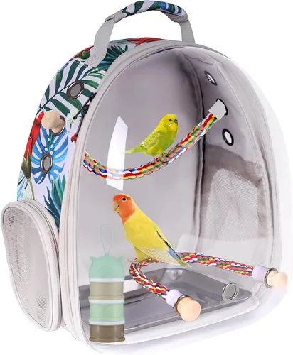 Vista 8 de Jaula de transporte de pájaros, cápsula de espacio transparente, mochila de astronauta para llevar periquitos, cacatúas, loro con bandeja de metal