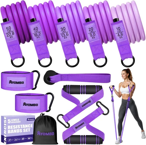Vista 8 de Ayombo Resistance Bands with Handles for Women, 150LBS Exercise Bands Set for Physical Therapy Yoga Pilates, 5 Level Workout Bands for Working Out