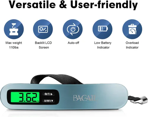 Vista 6 de BAGAIL Báscula digital de equipaje, báscula de equipaje colgante de 110 libras con pantalla LCD retroiluminada, báscula de pesaje portátil
