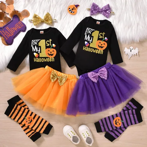 Vista 3 de Baby Girl Halloween Costumes My 1st Halloween Outfits Romper+ Tutu Skirt+ Striated Leg Warmer+ Bunny Headband Outfit Set