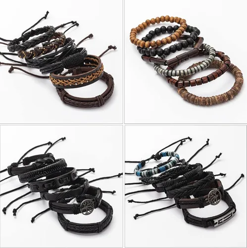 Vista 7 de FIRAZIO Juego de 42 pulseras de cuero trenzado para hombres y mujeres, pulseras de cuentas de madera, cuerdas de cáñamo, étnicas tribales hechas a