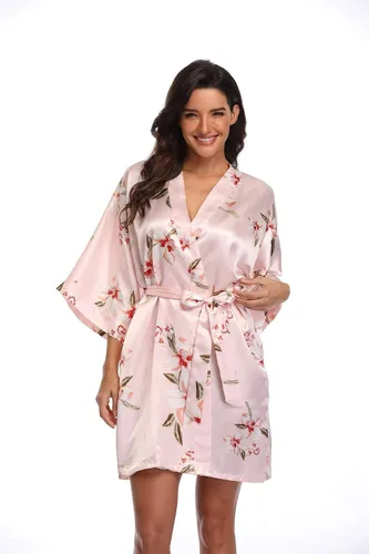 Vista 3 de Bata de satén para mujer, corta, sedosa, para dama de honor, novia, despedida de soltera, ropa para dormir