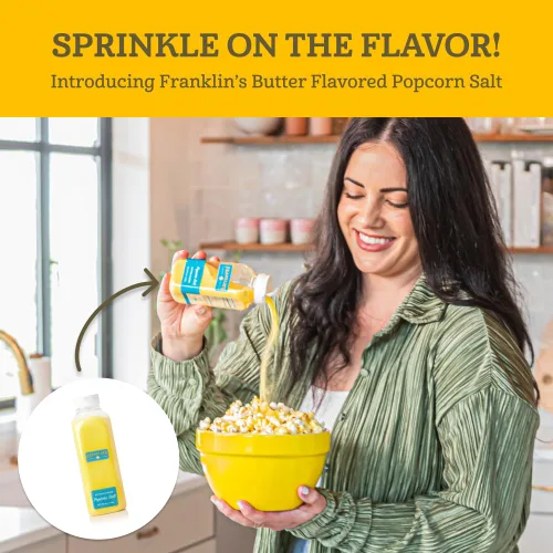 Vista 5 de Franklin's Gourmet Popcorn - 19 oz. Sal condimento de palomitas de maíz con sabor a mantequilla, 30 oz. Aceite de palomitas de maíz con sabor a
