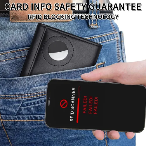 Vista 5 de Billetera para hombre para Airtag, soporte triple de cuero para AirTag, cartera de bloqueo RFID compatible con AirTag