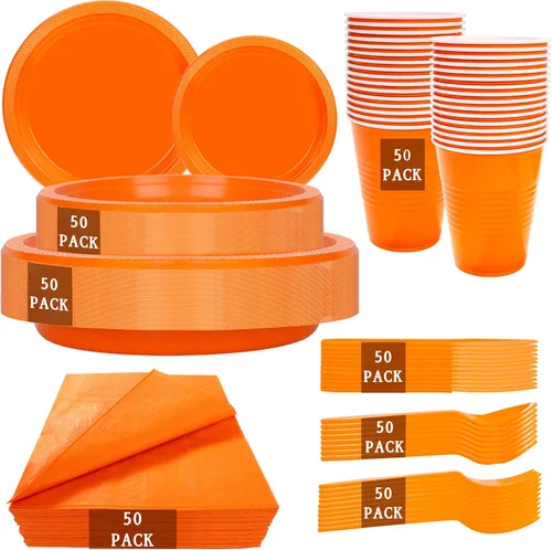 Vista 9 de MirthMood - 350 platos desechables negros, platos negros, suministros de plástico para fiestas, incluye 50 platos llanos, 50 platos de ensalada, 50