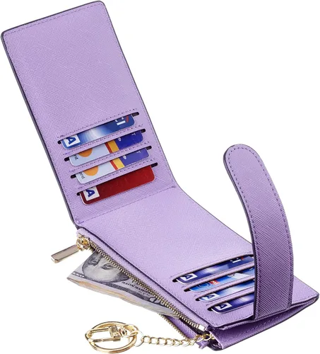 Vista 7 de Chelmon Billetera delgada con bloqueo RFID para mujer, con bolsillo con cremallera, Púrpura claro, Minimalista