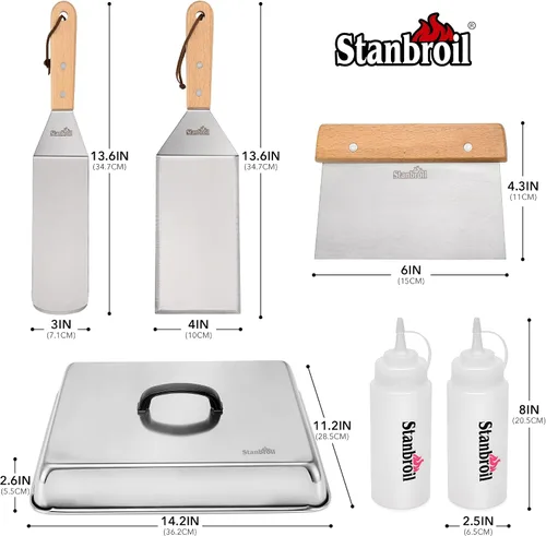 Vista 2 de Stanbroil Juego de 6 accesorios para parrilla de barbacoa, raspador de acero inoxidable resistente, espátula, cubierta de hilvanado y botellas