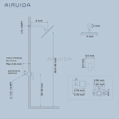 Vista 6 de Airuida - Juego de grifo de ducha, kit de válvula de ducha de 4 pulgadas, negro mate Roscas macho,Kit de ajuste de ducha de válvula áspera,Juego