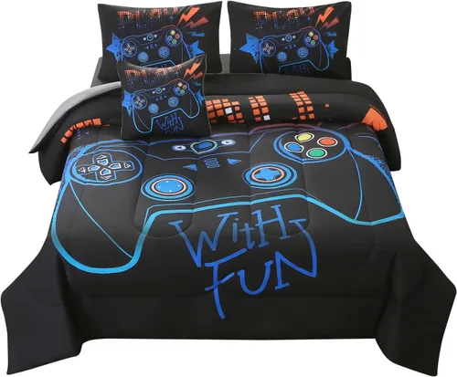 Vista 18 de JQinHome - Juego de edredón Gamer individual para niños y niñas, juego de cama en una bolsa de 6 piezas con diseño de videojuego 3D - Juego de ropa