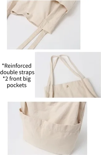 Vista 4 de Jeelow Washed Canvas Bucket Bag for Women, Slouchy Hobo Tote, 2 Pockets Bolsillo beige