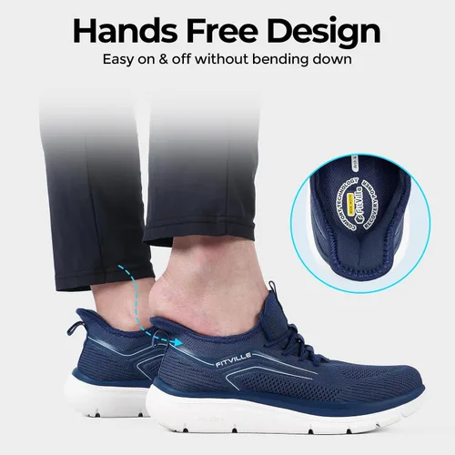 Vista 4 de FitVille Zapatos anchos para caminar para hombre, zapatillas atléticas, zapatos ligeros de entrenamiento sin cordones para pies planos - Cloud