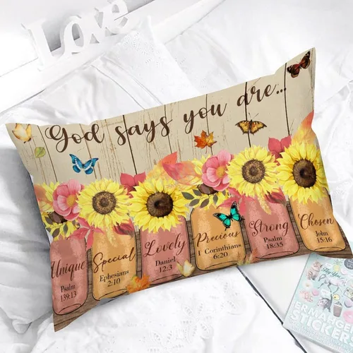 Vista 8 de Fundas de almohada lumbar con versículo bíblico de girasol, Dios dice que eres mariposa, funda de cojín rectangular decorativa para sofá, dormitorio